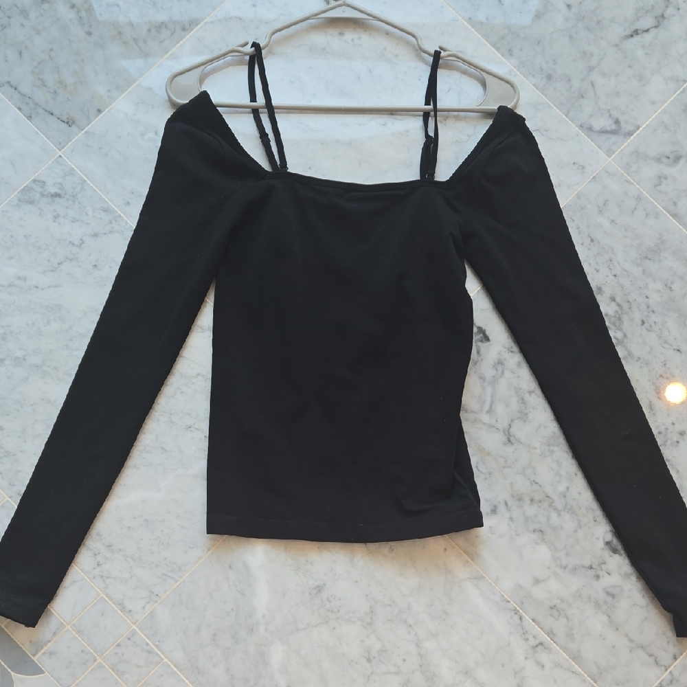 Helmut Lang Black Off-Shoulder Long Sleeve Top with Thin Straps